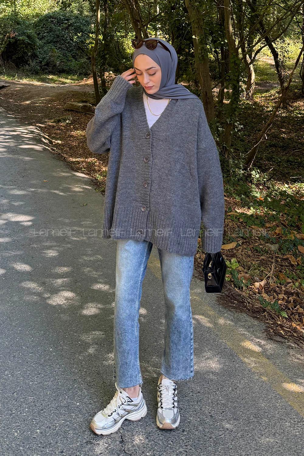 Lamelif Salaş Dokulu Basic Hırka Antrasit