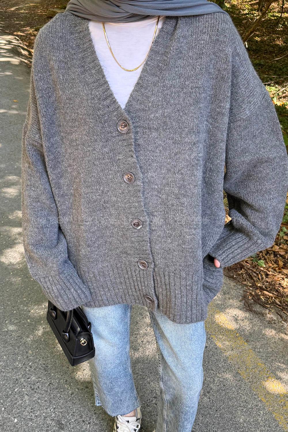 Lamelif Salaş Dokulu Basic Hırka Antrasit