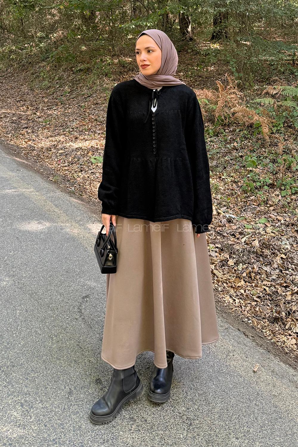 Lamelif Yaka Bağlama Detaylı Kazak Siyah