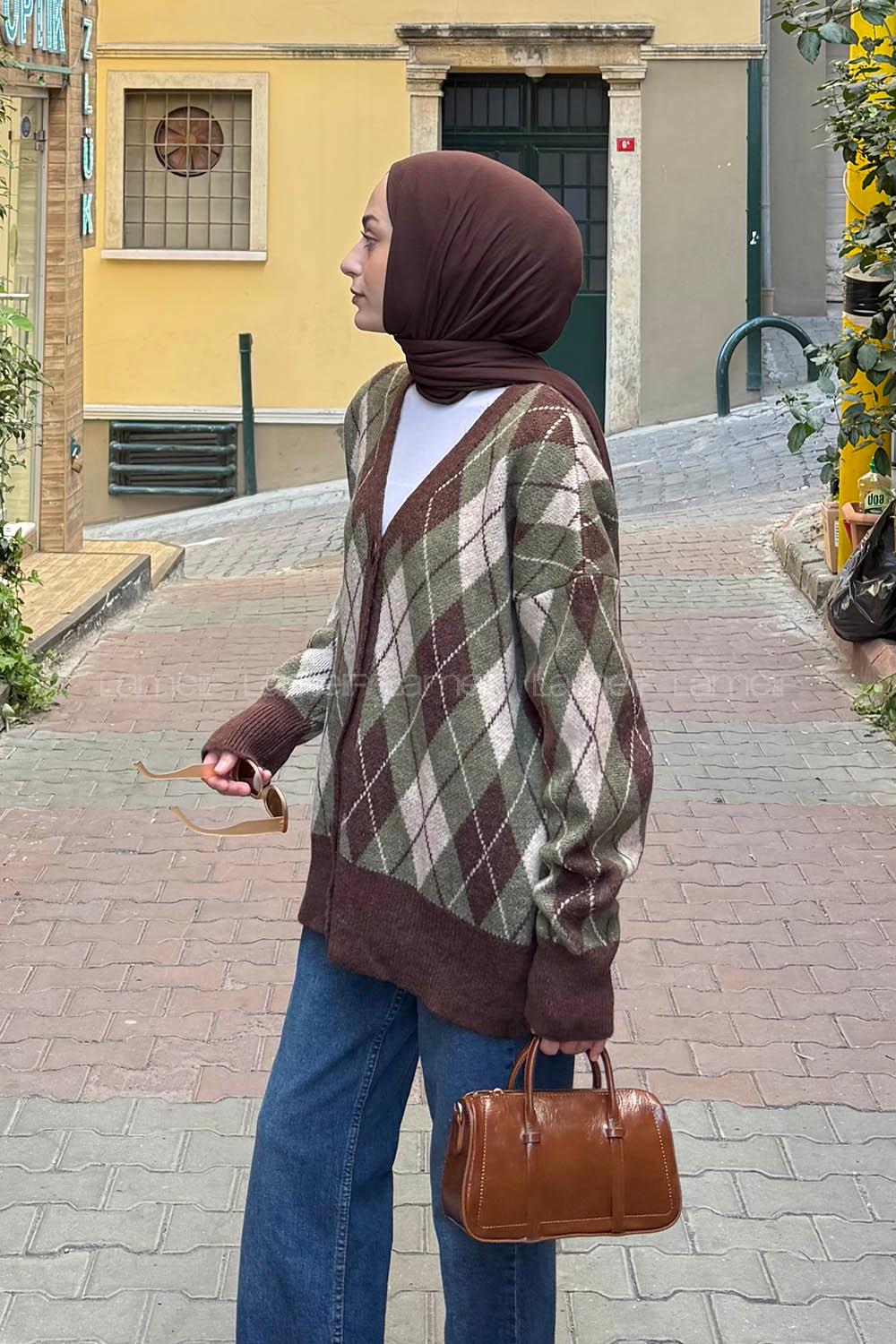 Lamelif Baklava Desen Jakarlı Hırka Haki