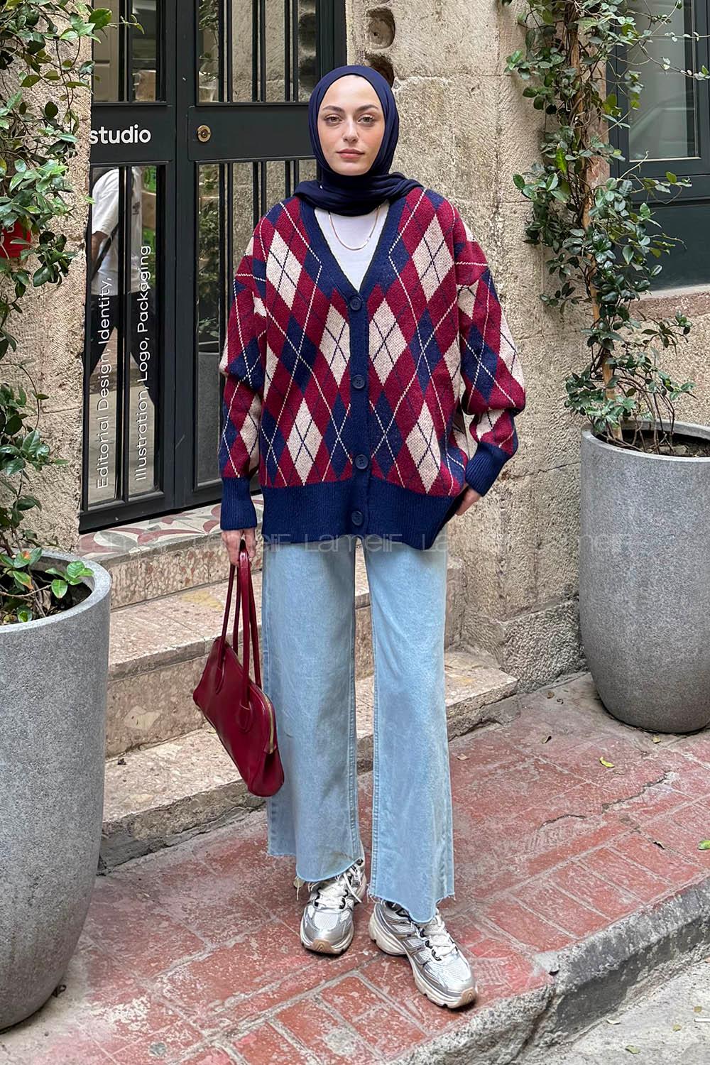 Lamelif Baklava Desen Jakarlı Hırka Lacivert