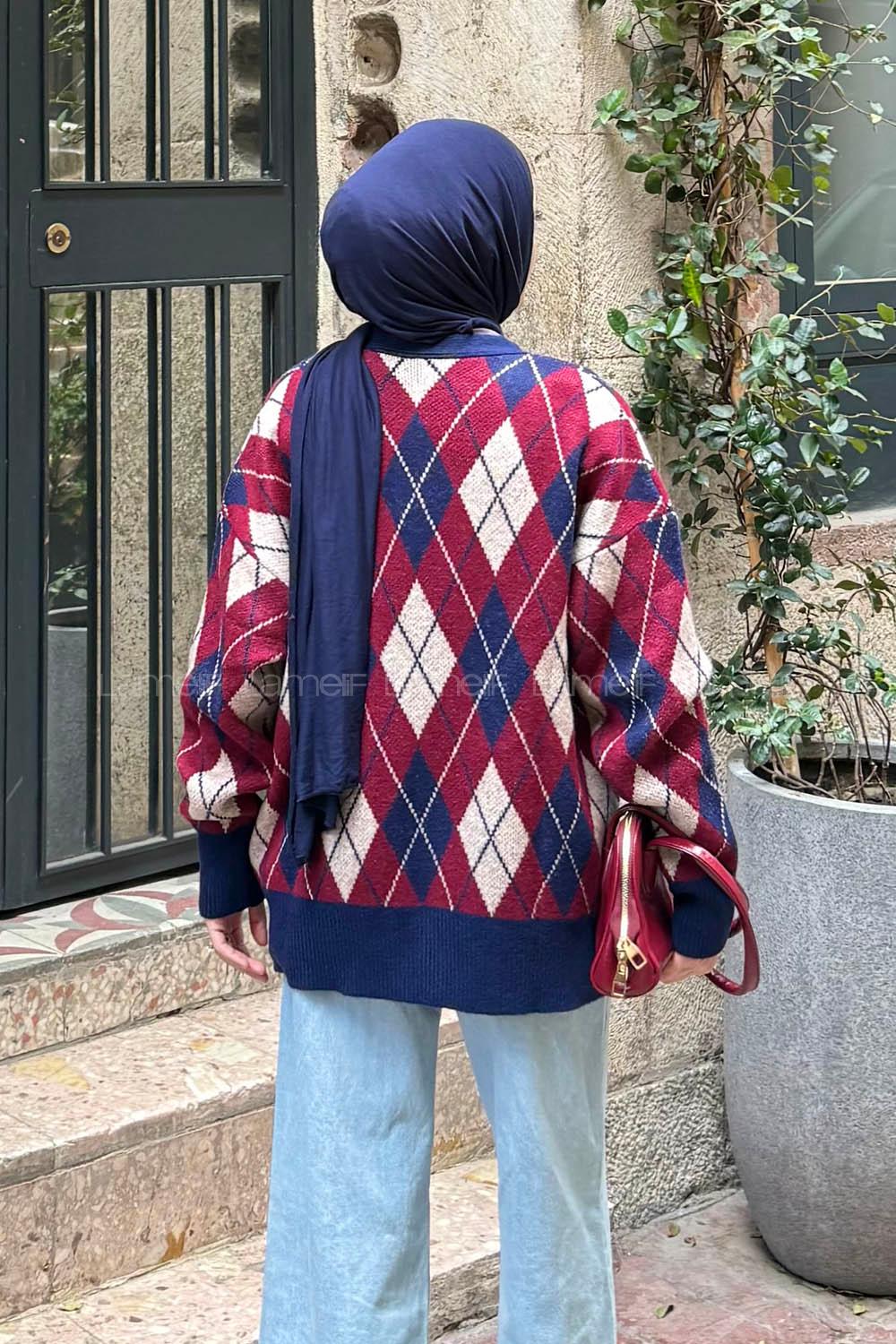 Lamelif Baklava Desen Jakarlı Hırka Lacivert