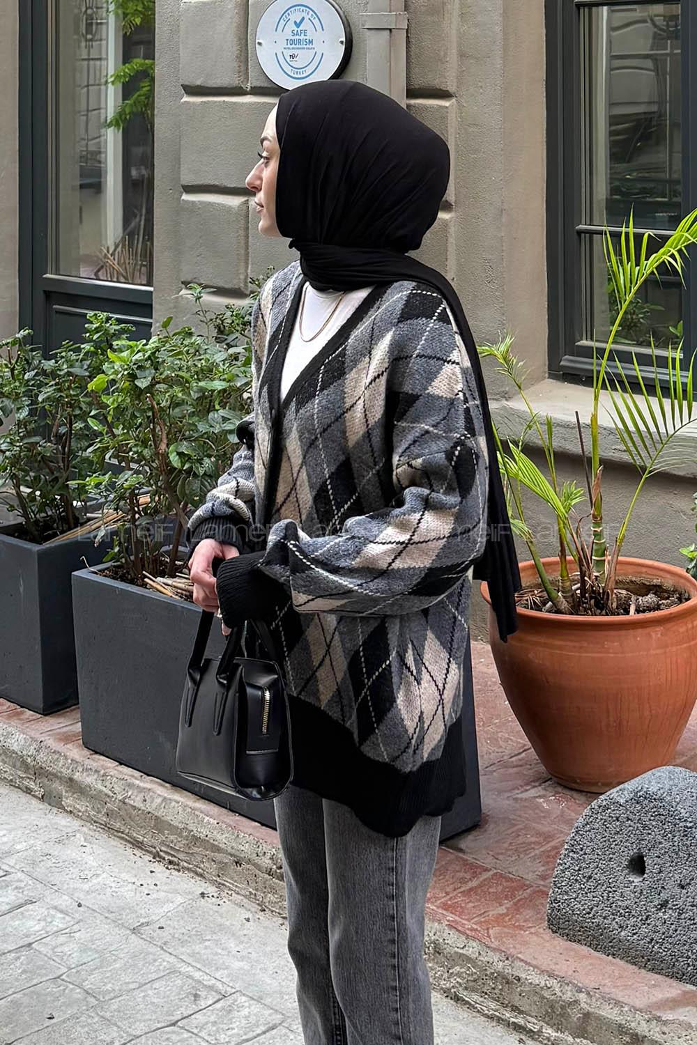 Lamelif Baklava Desen Jakarlı Hırka Siyah