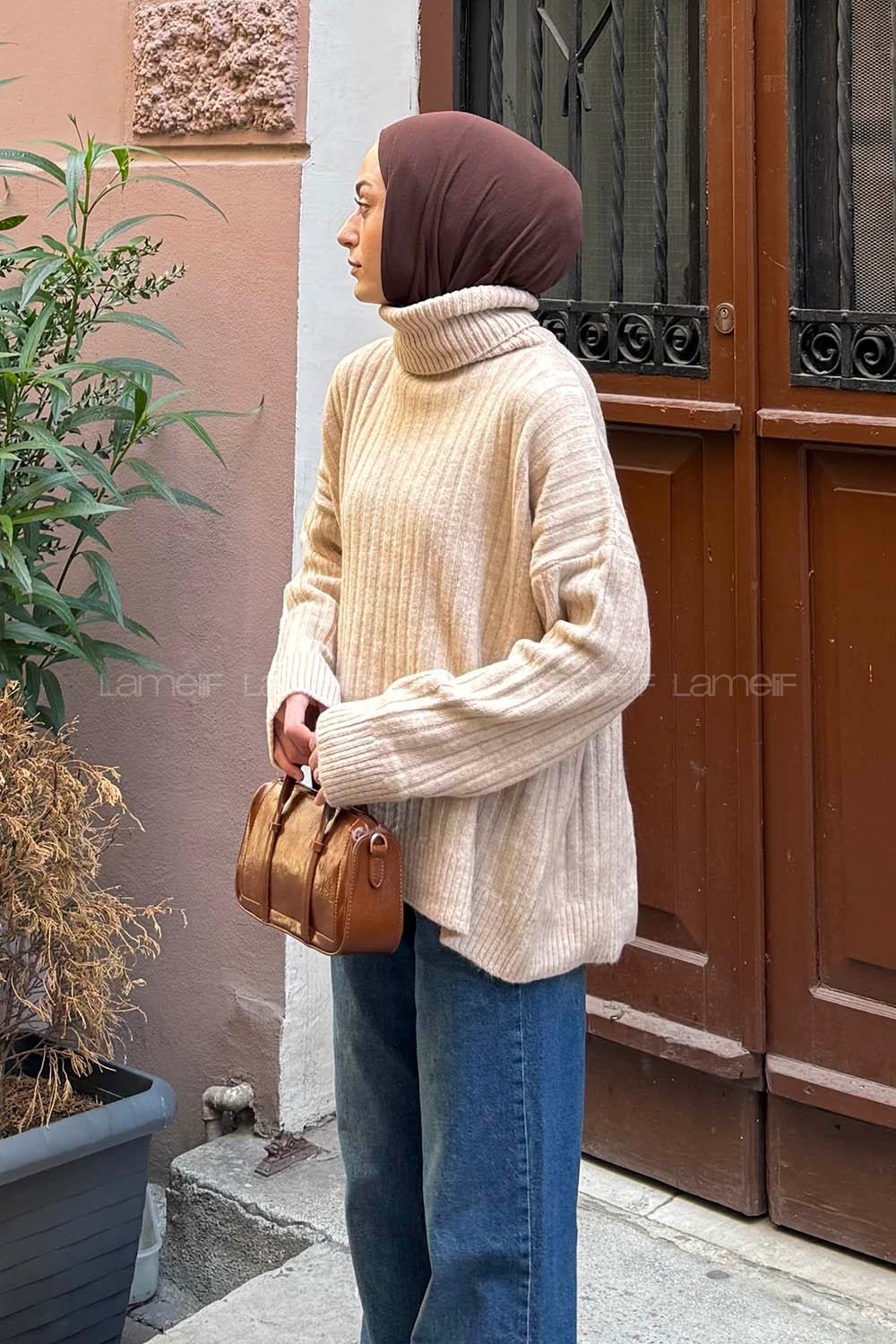 Lamelif Balıkçı Yaka Kazak Bej