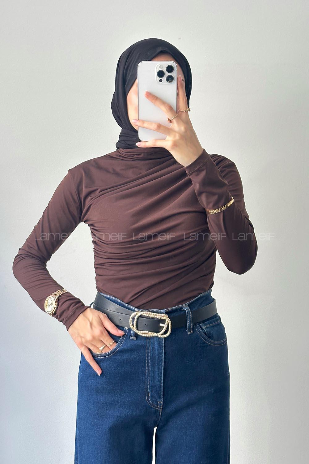 Lamelif Büzgü Detaylı Sandy Body Acı Kahve