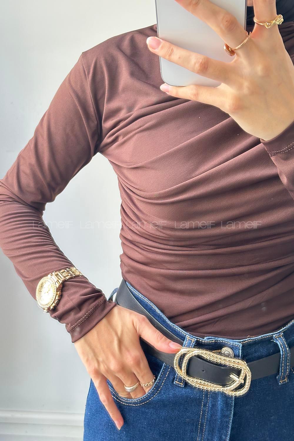 Lamelif Büzgü Detaylı Sandy Body Acı Kahve