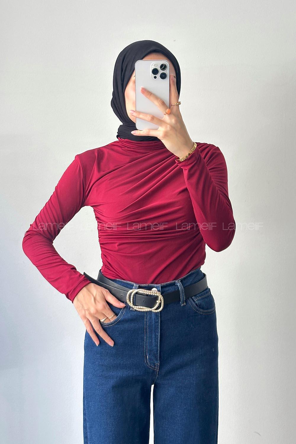 Lamelif Büzgü Detaylı Sandy Body Bordo