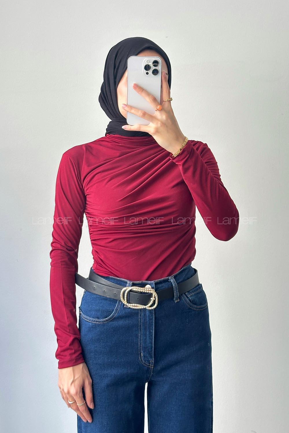 Lamelif Büzgü Detaylı Sandy Body Bordo