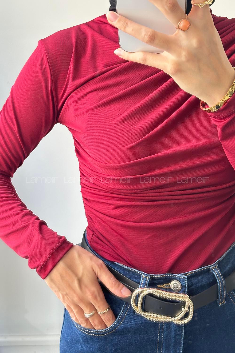 Lamelif Büzgü Detaylı Sandy Body Bordo