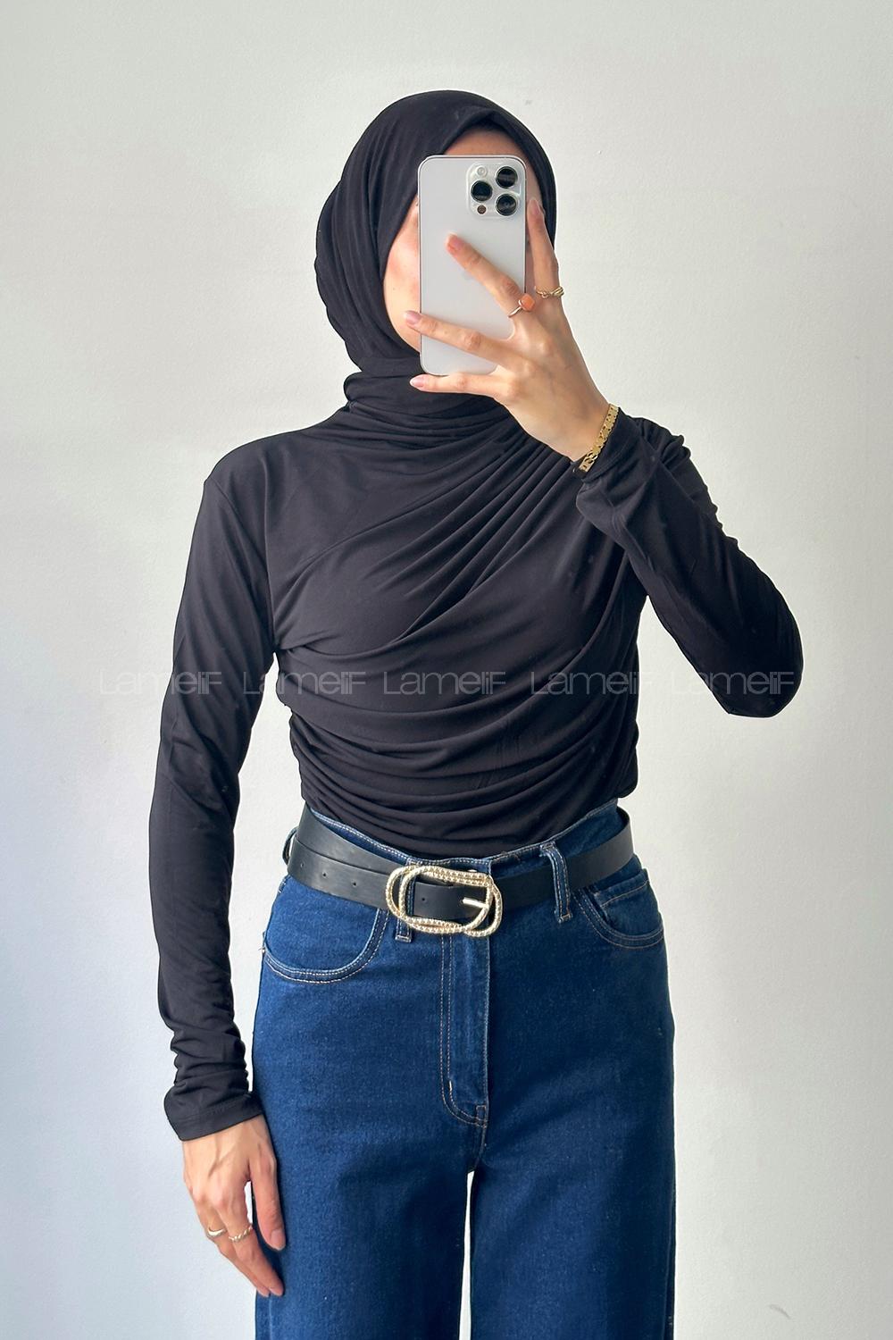 Lamelif Büzgü Detaylı Sandy Body Siyah