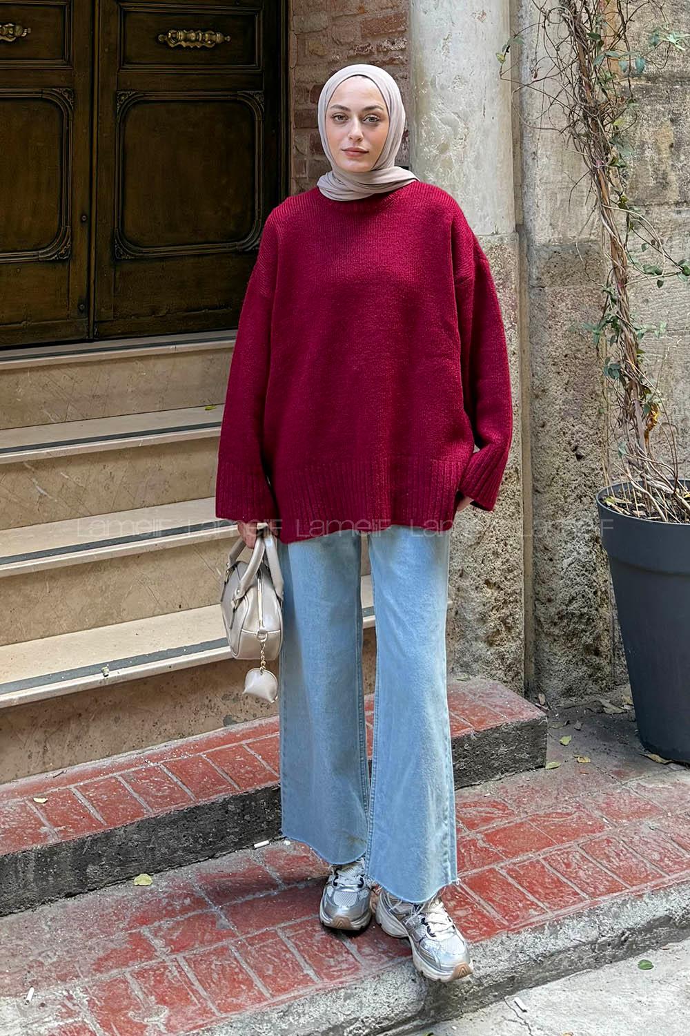 Claret Red Crew Neck Long Arm Jumper