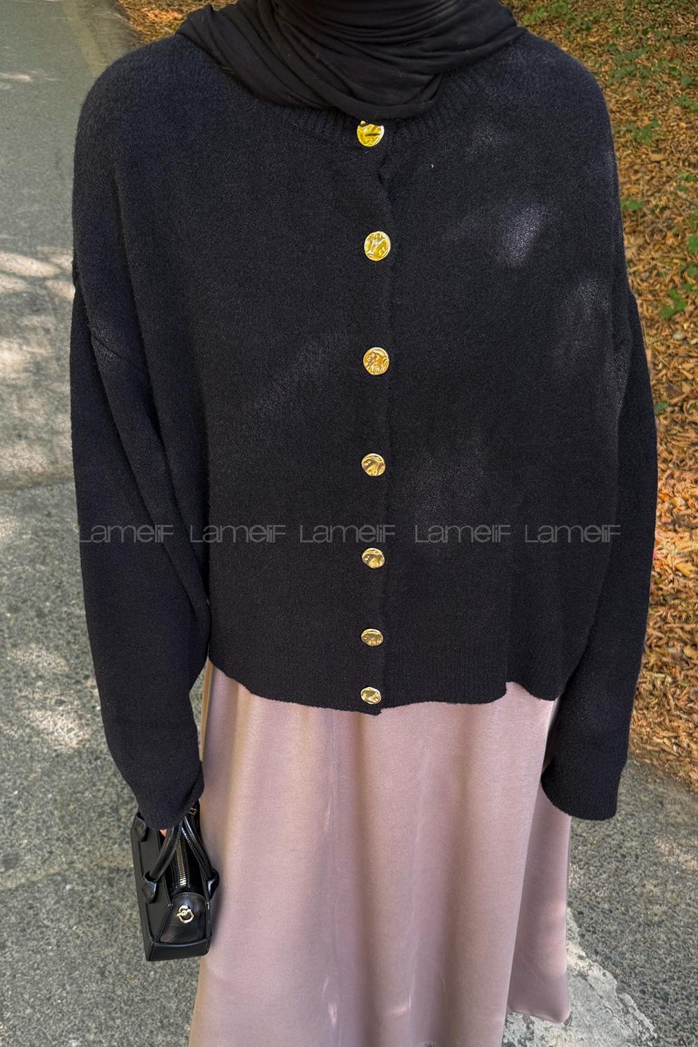 Black Crew Neck Long Arm Polyester Cardigan