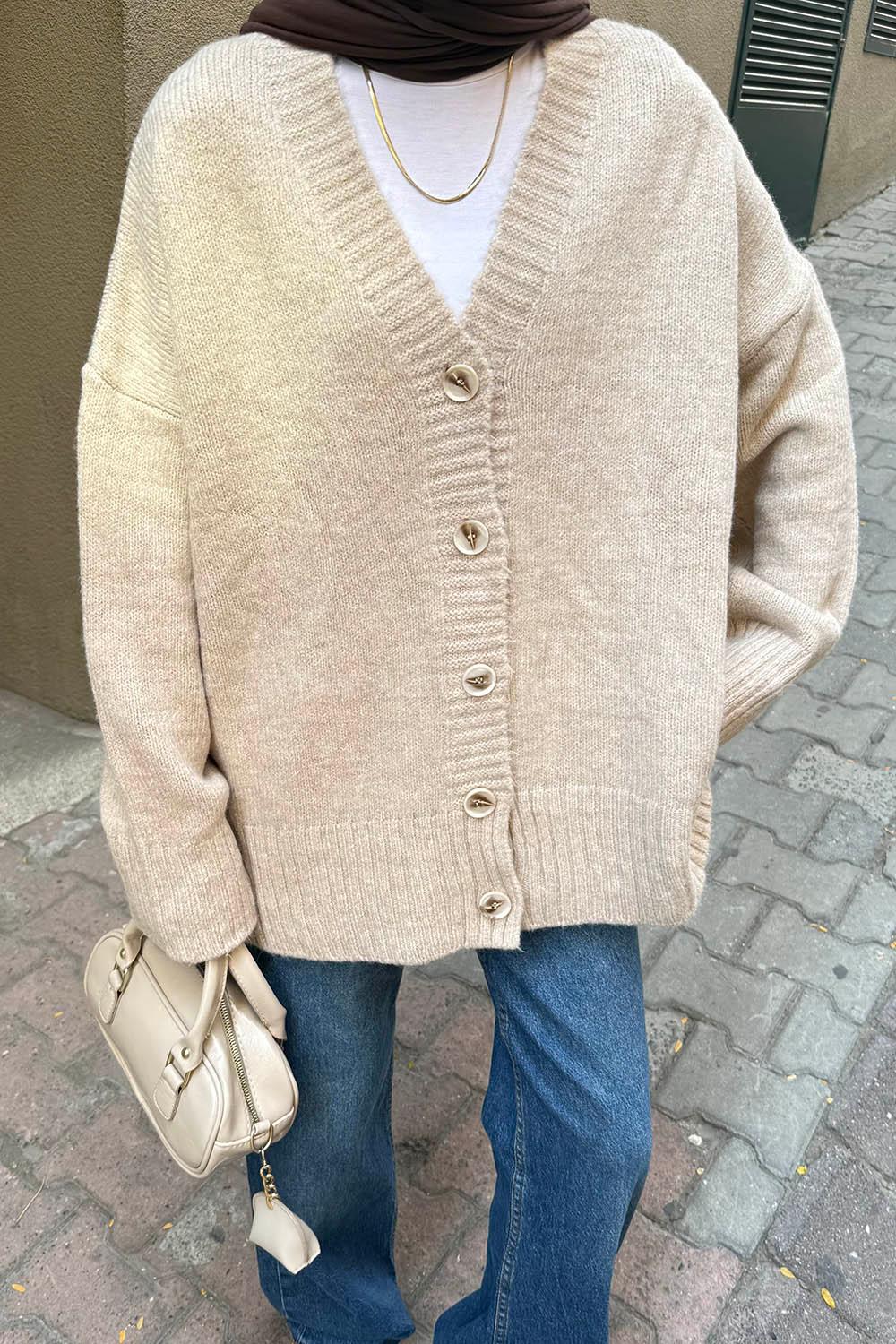 Beige V Neck Long Arm Acrylic Elastan Cardigan