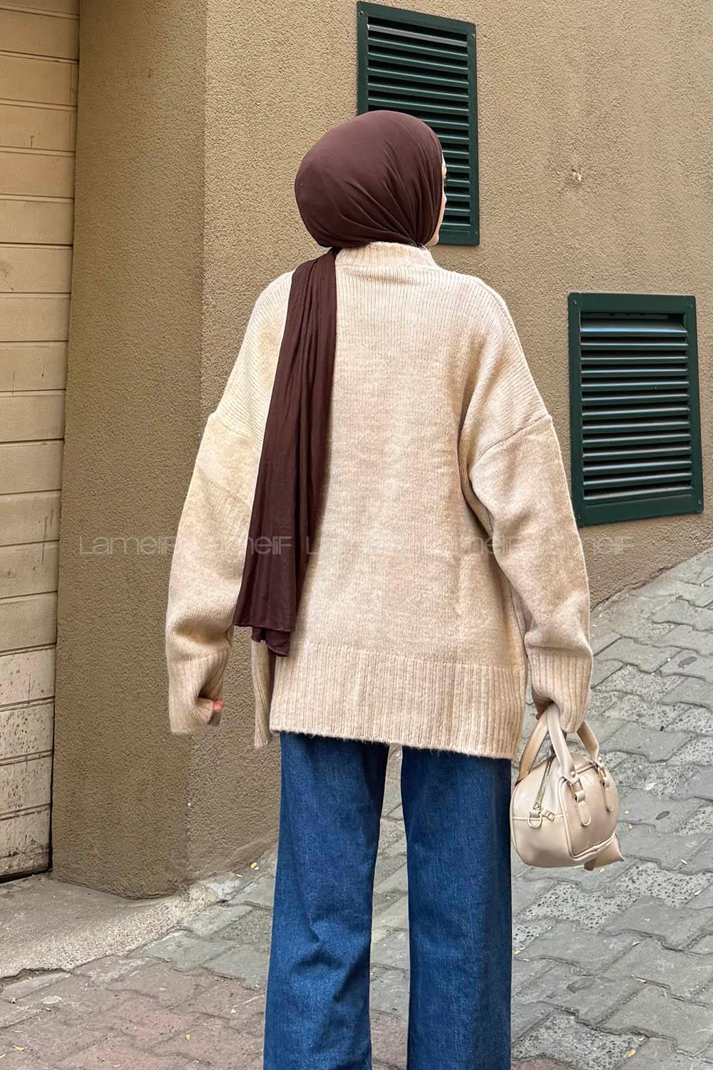 Beige V Neck Long Arm Acrylic Elastan Cardigan