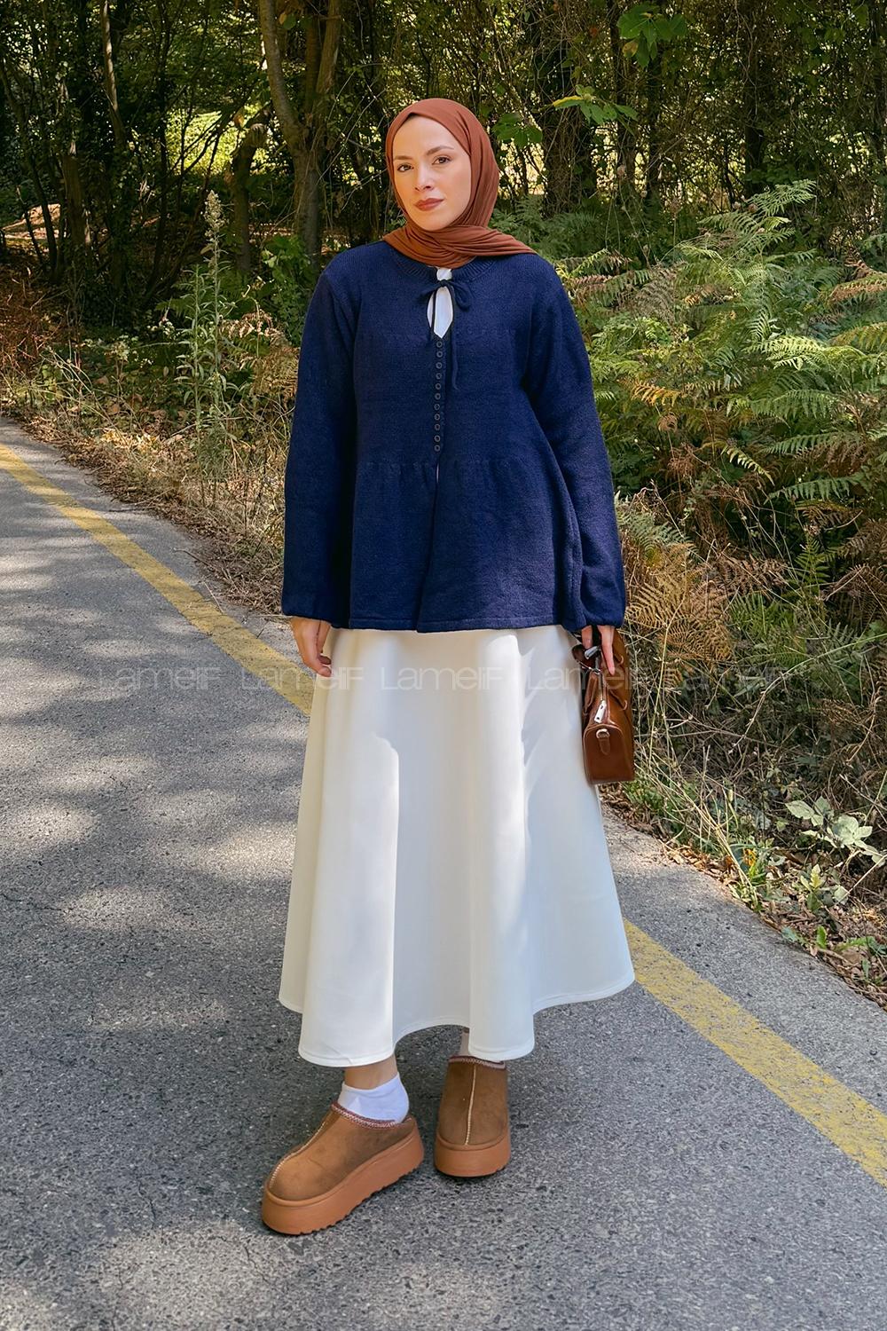 Lamelif Yaka Bağlama Detaylı Kazak Lacivert