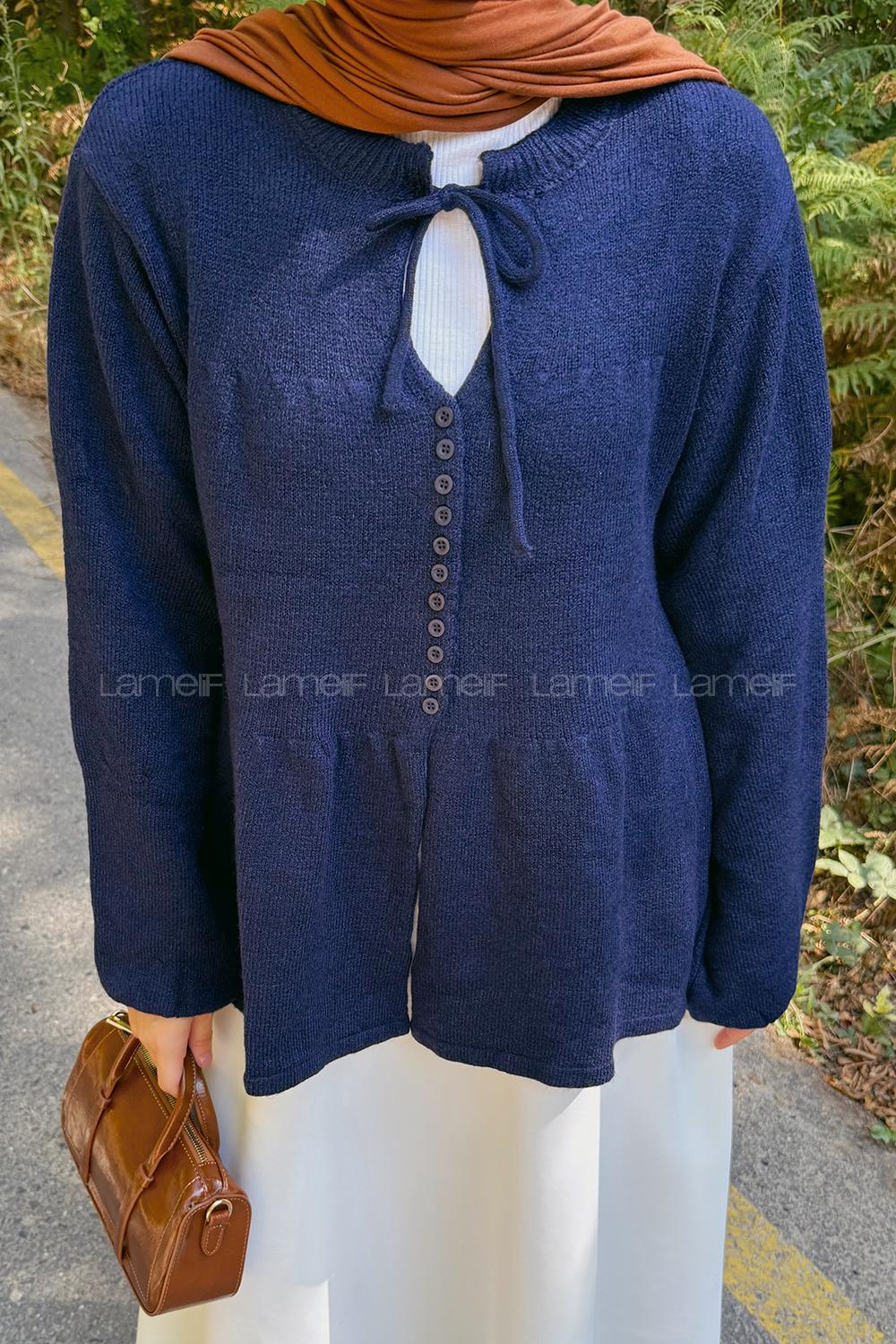 Lamelif Yaka Bağlama Detaylı Kazak Lacivert