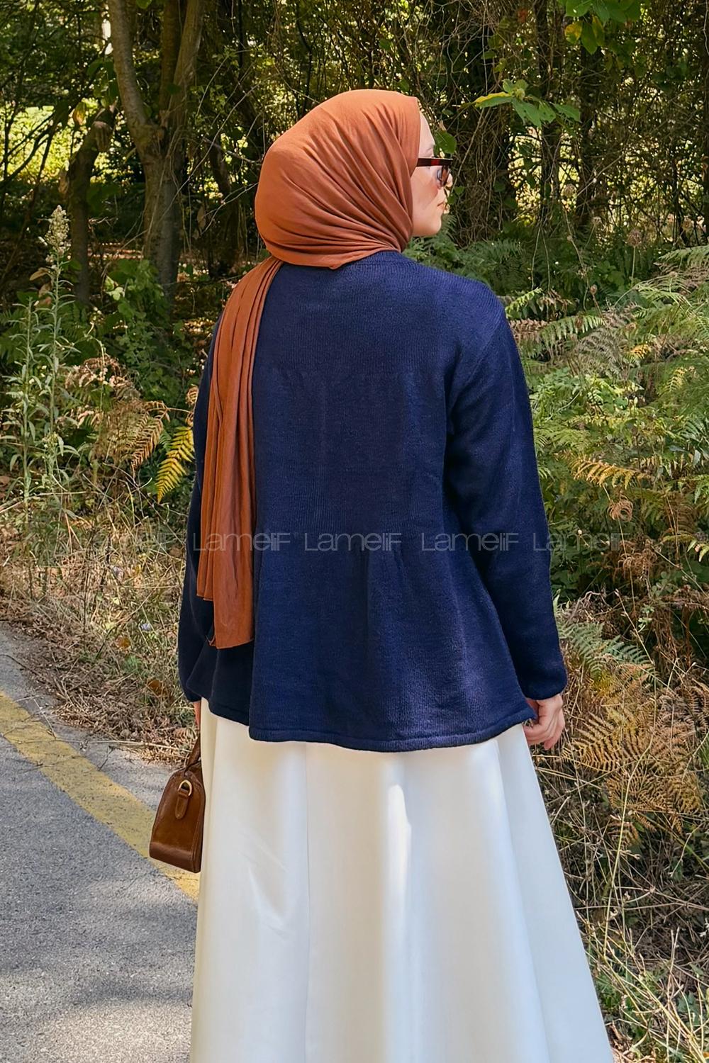 Lamelif Yaka Bağlama Detaylı Kazak Lacivert