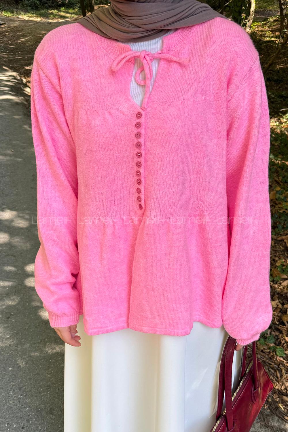 Lamelif Yaka Bağlama Detaylı Kazak Pembe