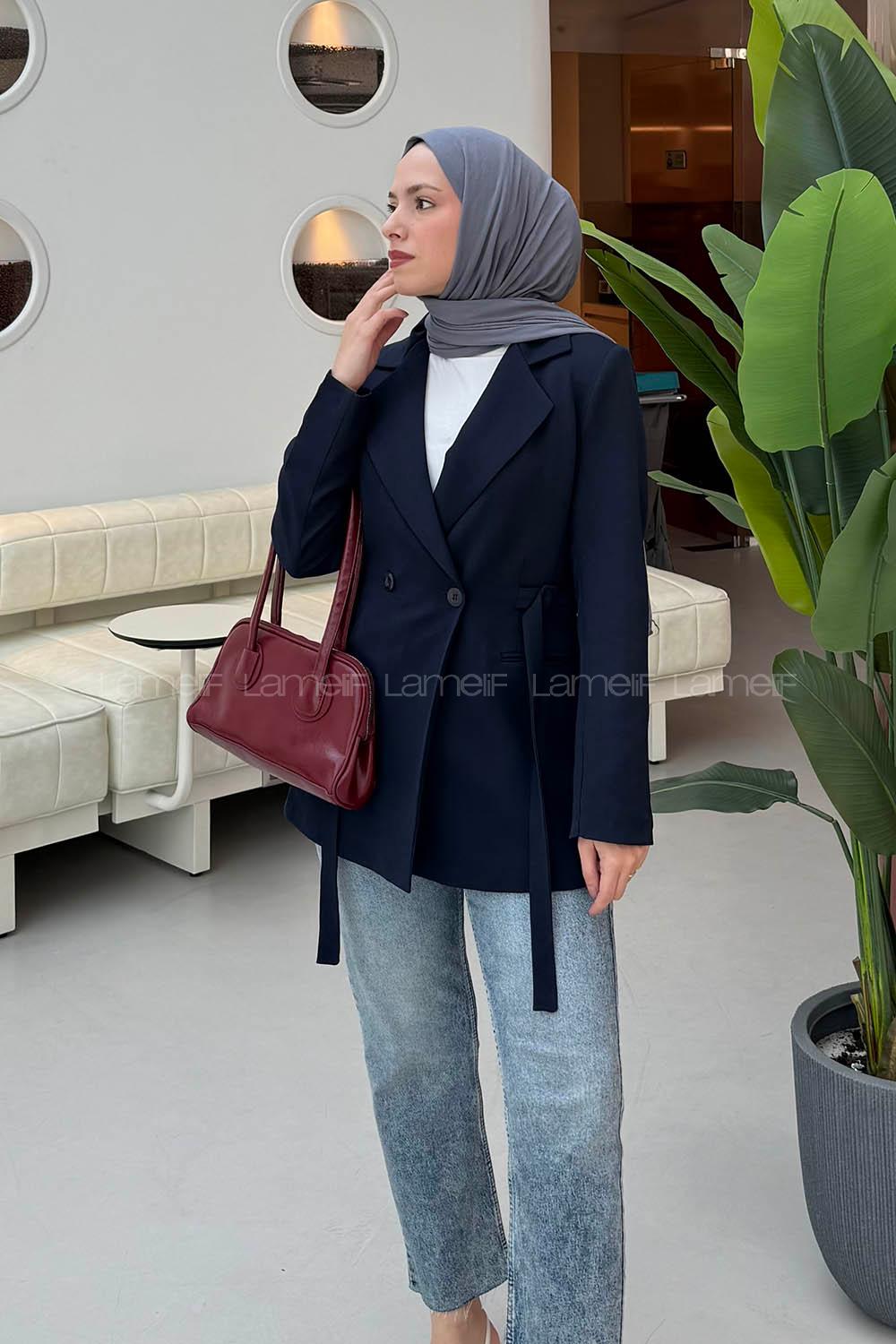 Lamelif Bağlama Detaylı Ceket Lacivert