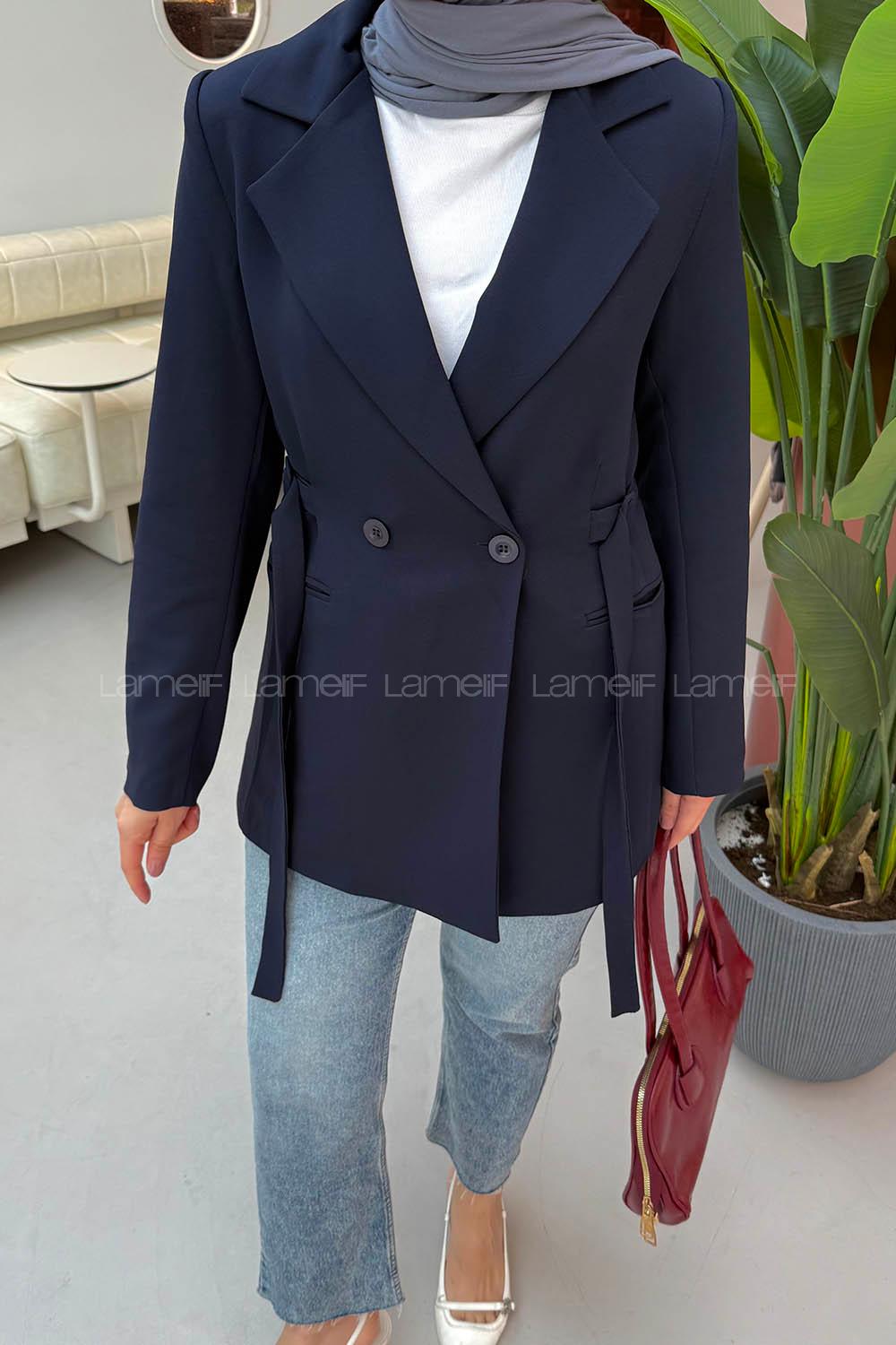Lamelif Bağlama Detaylı Ceket Lacivert