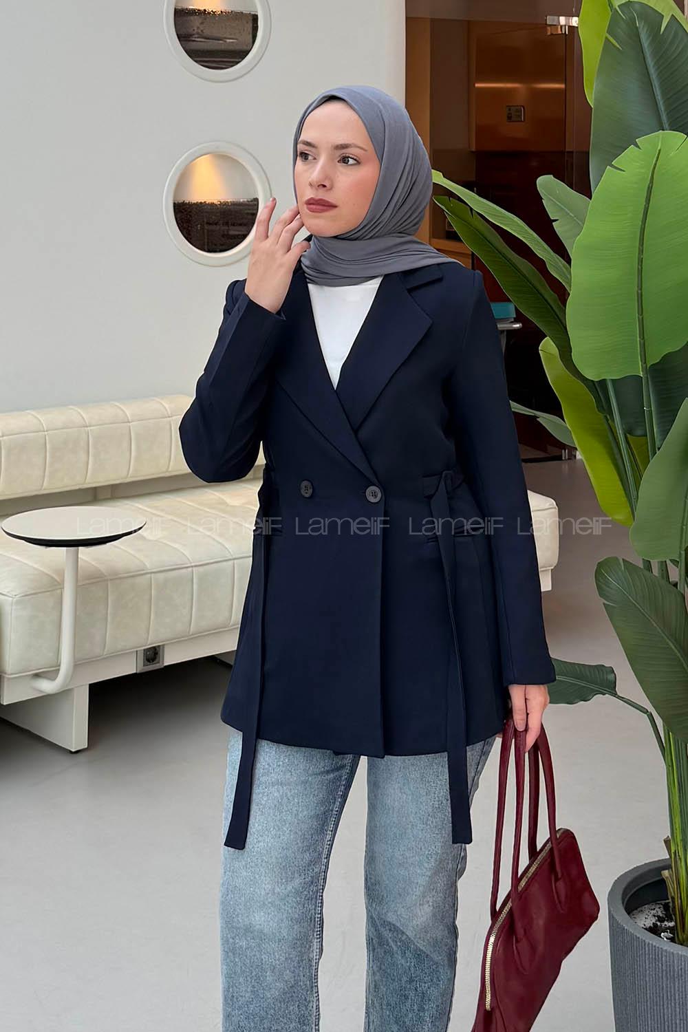 Lamelif Bağlama Detaylı Ceket Lacivert