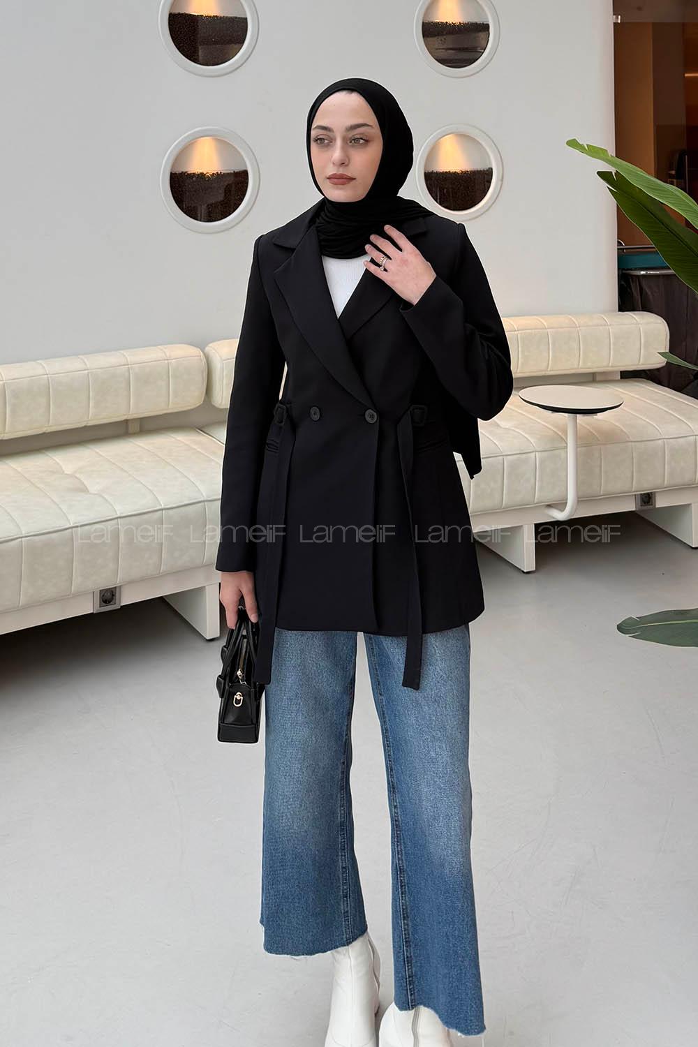 Lamelif Bağlama Detaylı Ceket Siyah