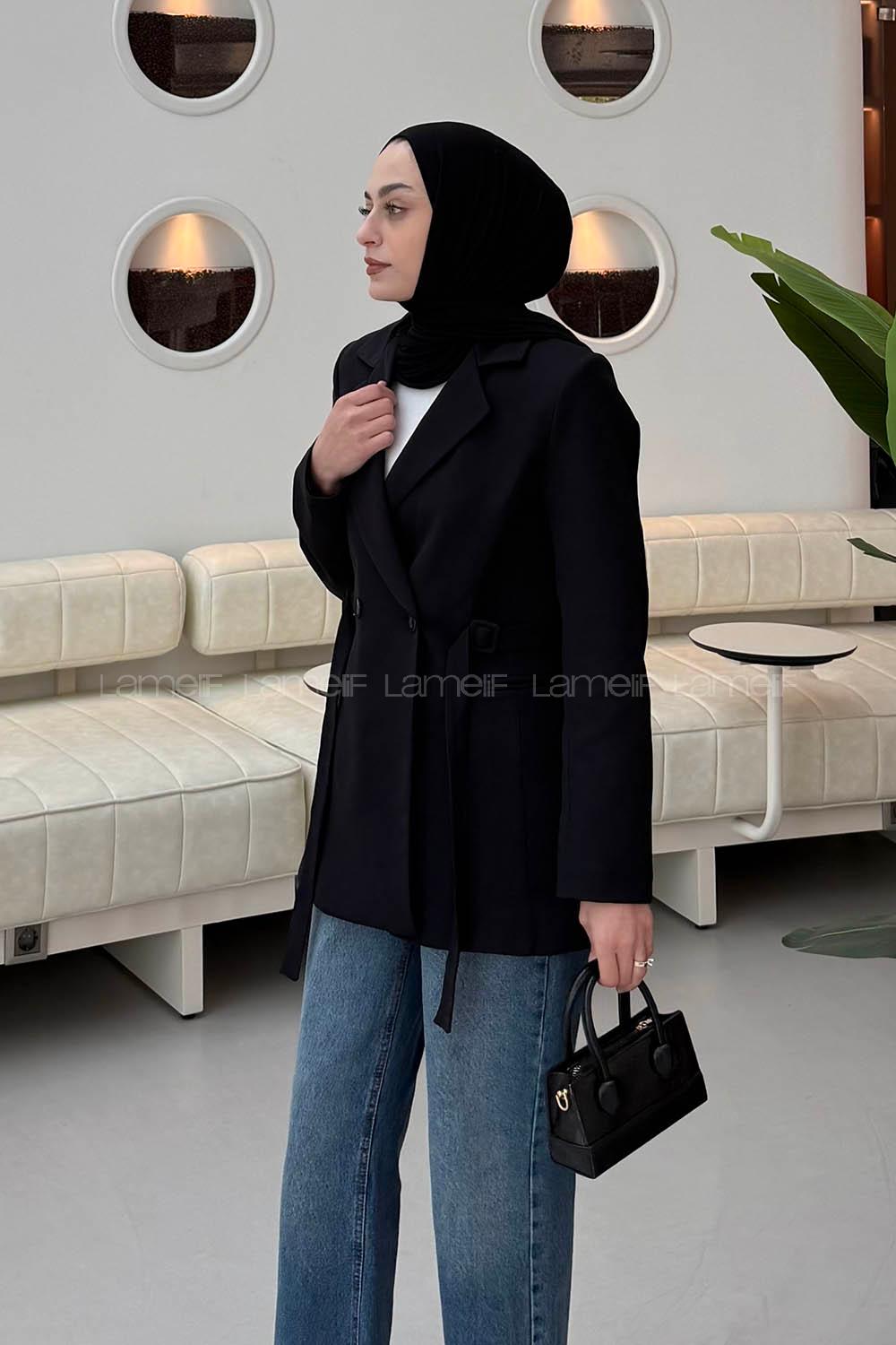 Lamelif Bağlama Detaylı Ceket Siyah