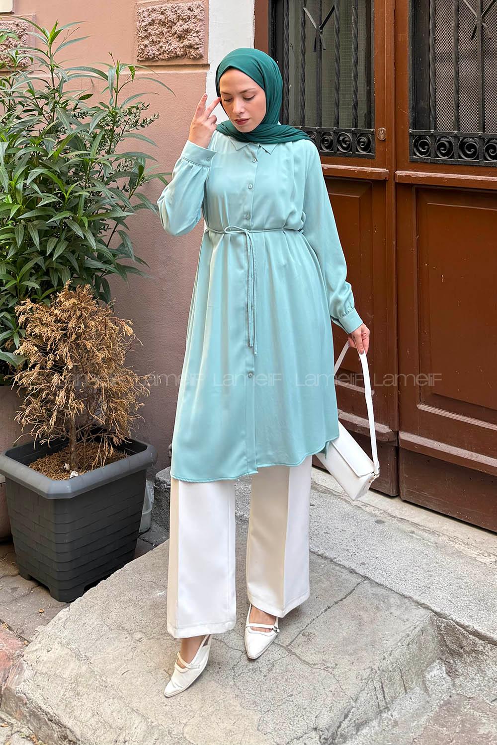 Lamelif Bağlama Detaylı Uzun Tesettür Tunik Mint Yeşili