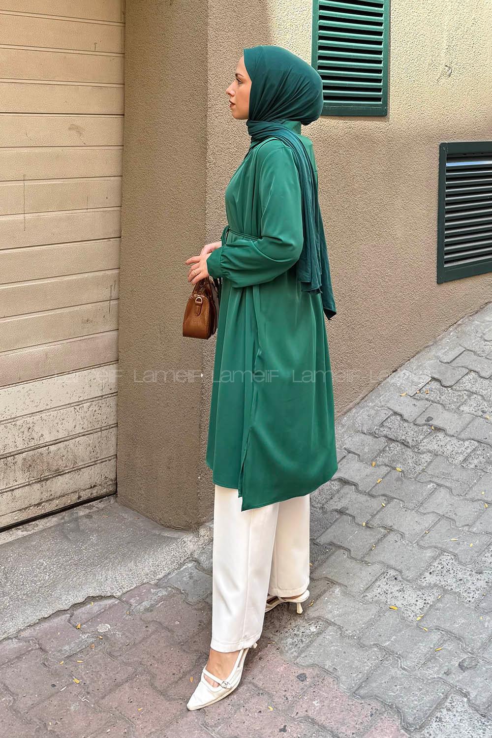 Lamelif Bağlama Detaylı Uzun Tesettür Tunik Zümrüt