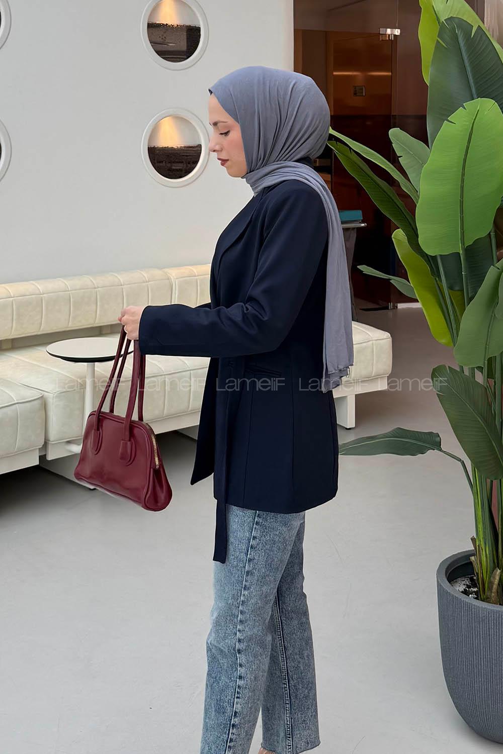 Navy Blue Jacket Collar Long Arm Cotton Lycra Polyester Jacket