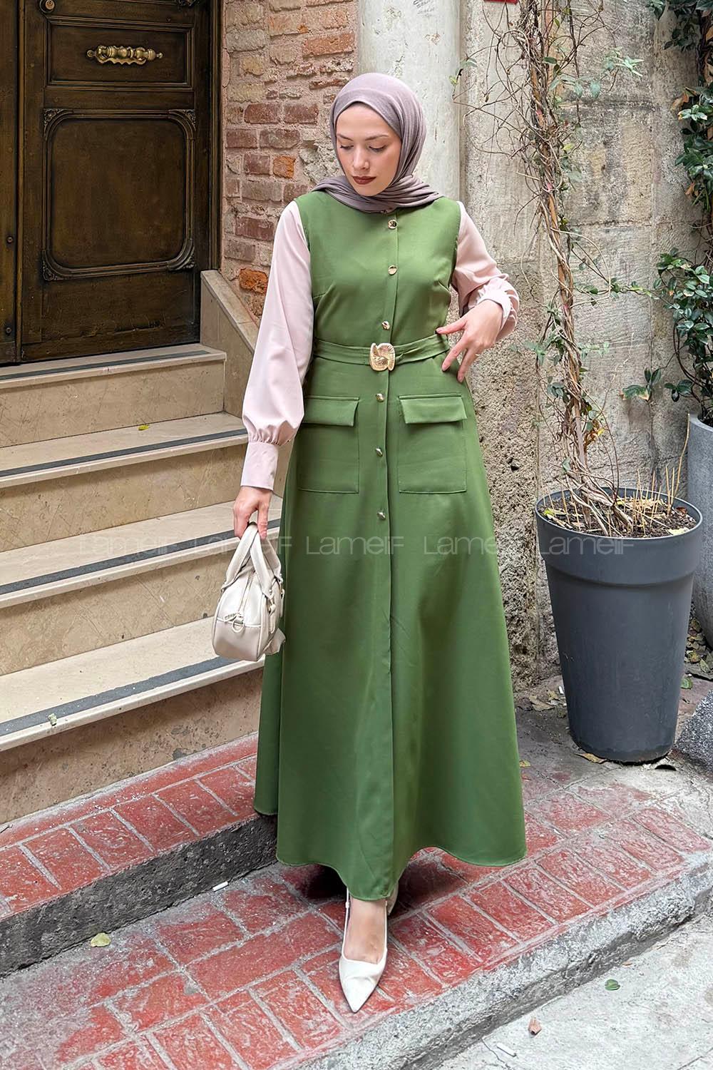 Lamelif Düğme Detaylı Elbise Kına Yeşili