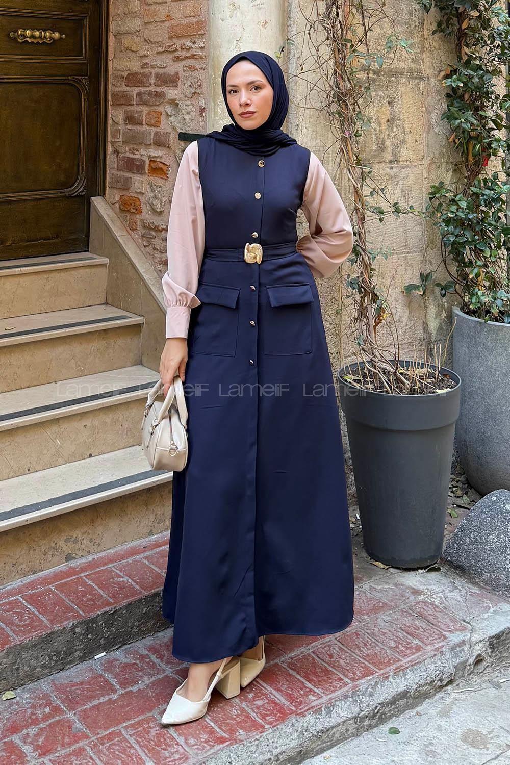 Lamelif Düğme Detaylı Elbise Lacivert