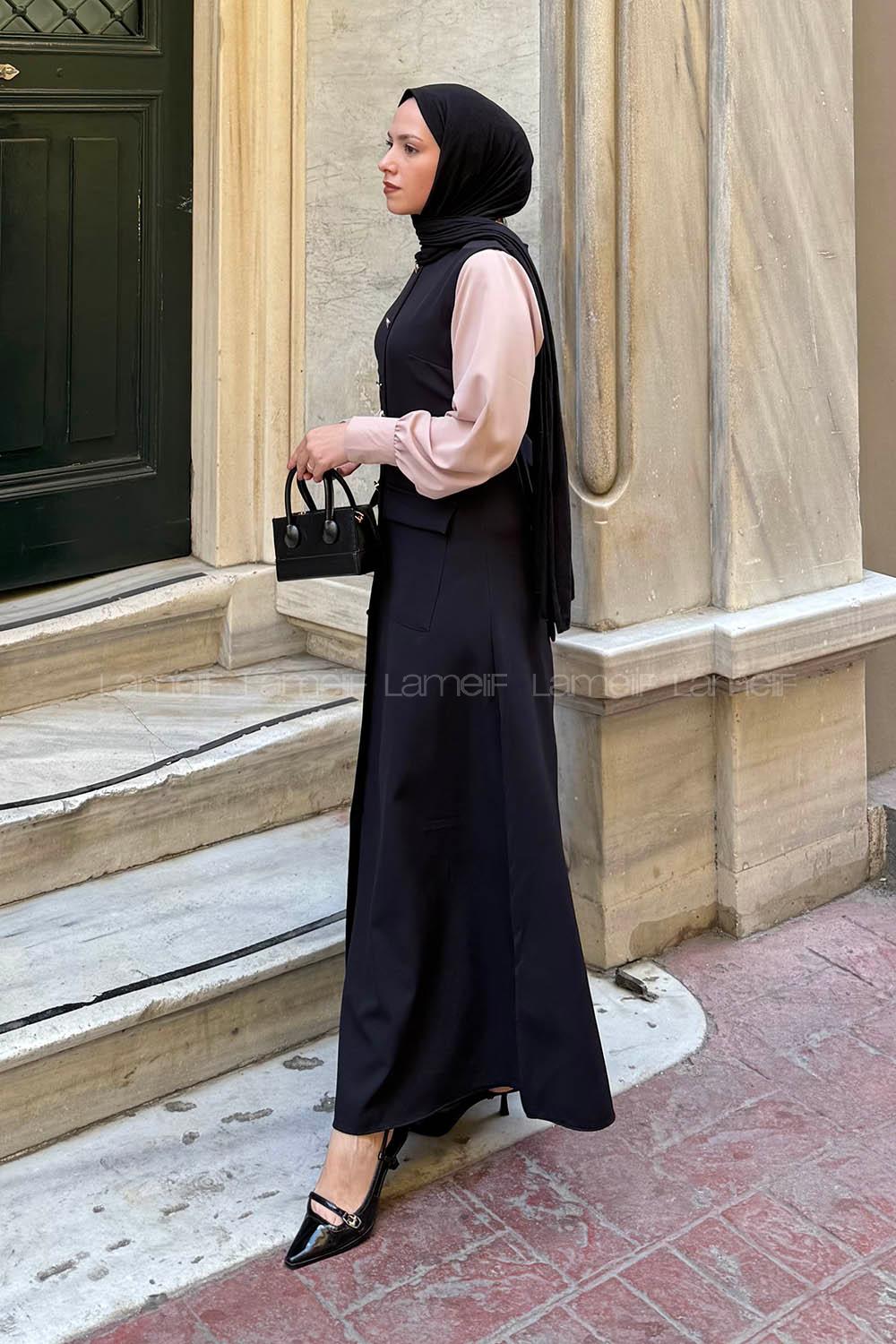 Lamelif Düğme Detaylı Elbise Siyah