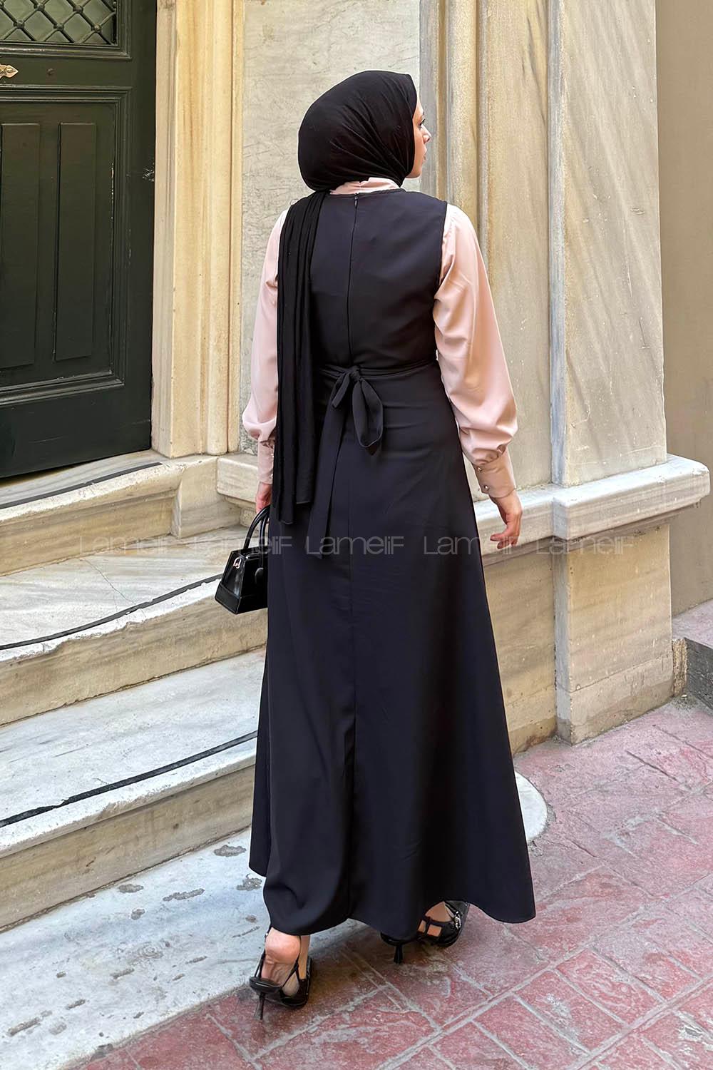 Lamelif Düğme Detaylı Elbise Siyah