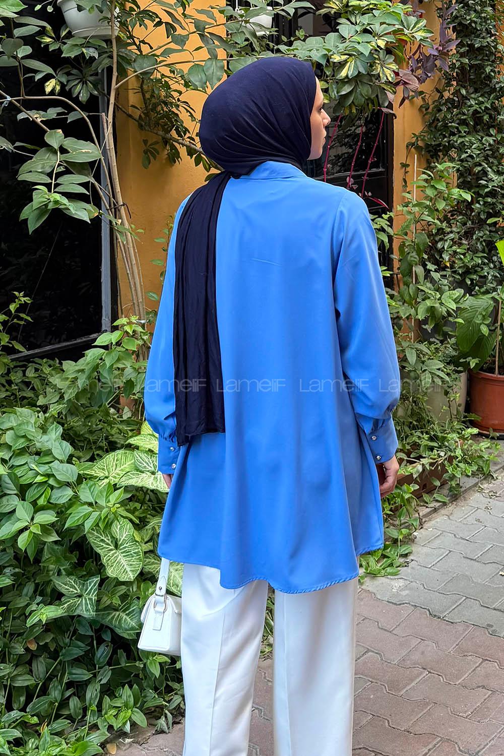 Lamelif Gizli Düğme Detaylı Tesettür Tunik İndigo