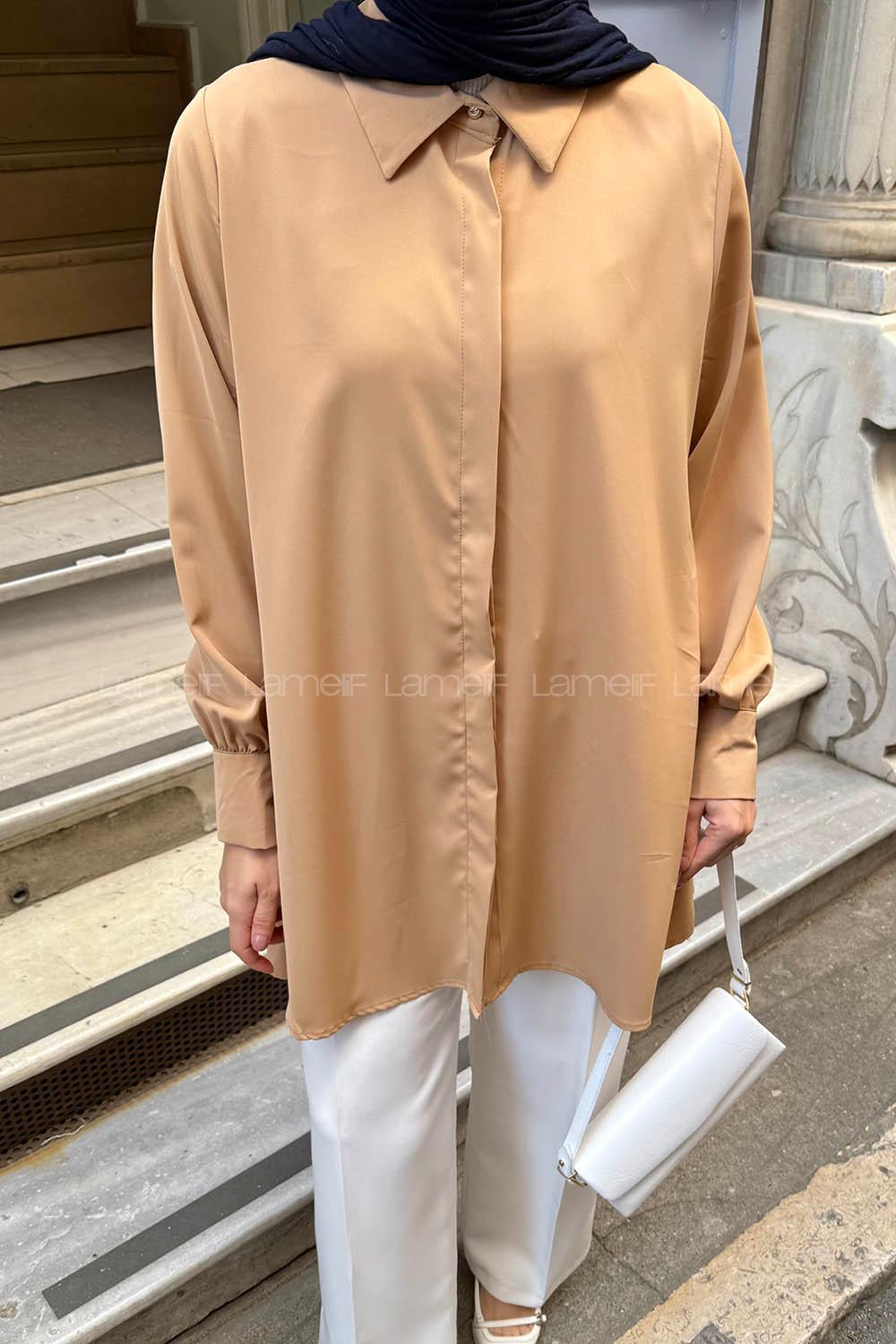 Caramel Shirt Collar Cotton Tunic
