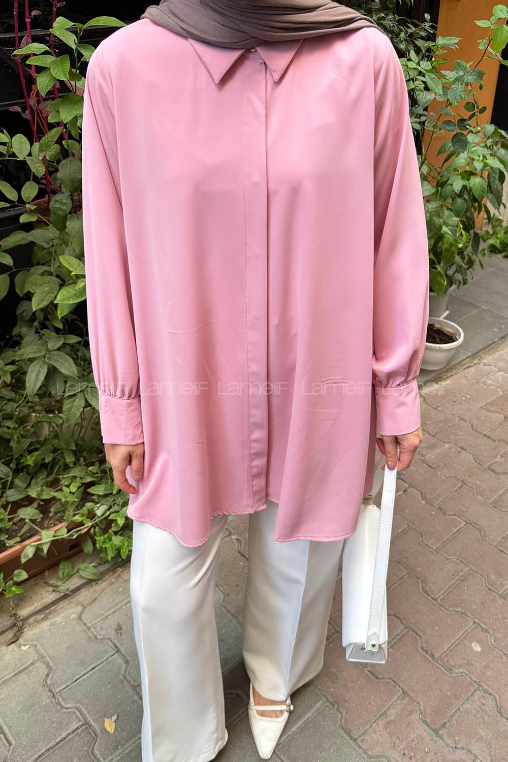 Pink Shirt Collar Cotton Tunic