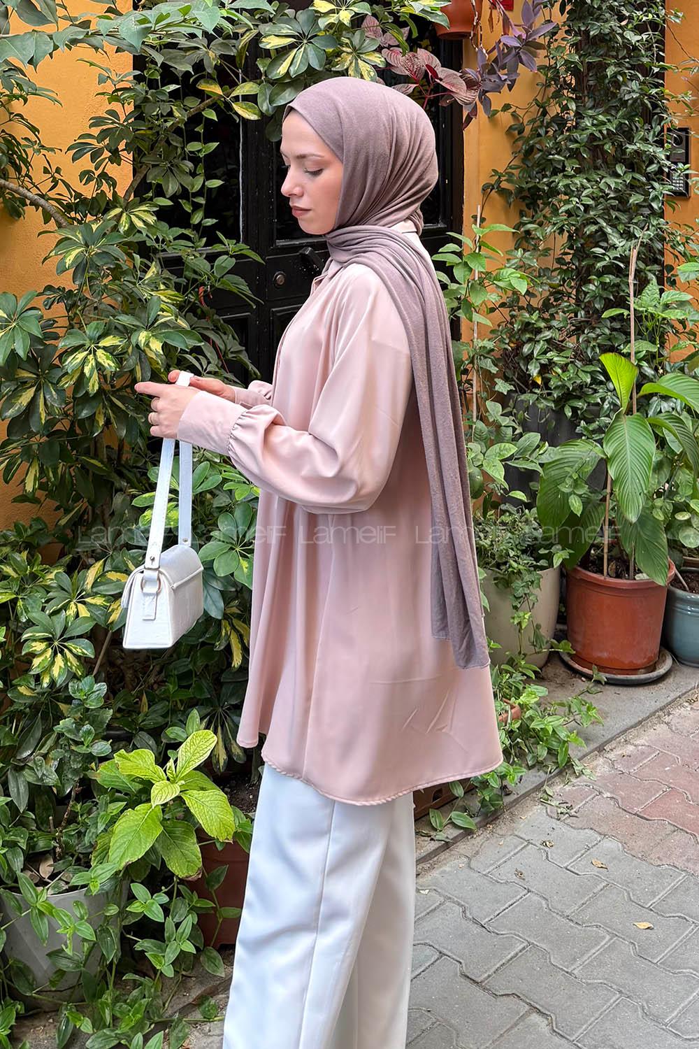 Lamelif Gizli Düğme Detaylı Tesettür Tunik Pudra
