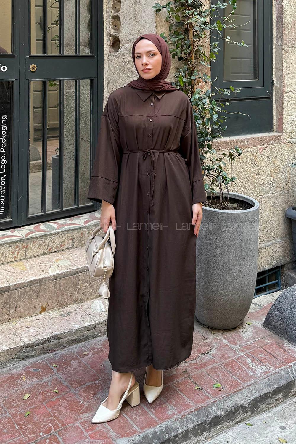 Lamelif Roba Detaylı Tesettür Elbise Acı Kahve