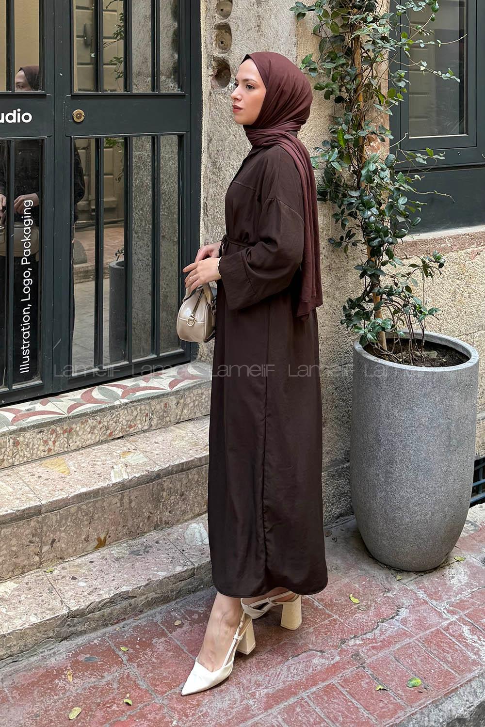 Lamelif Roba Detaylı Tesettür Elbise Acı Kahve