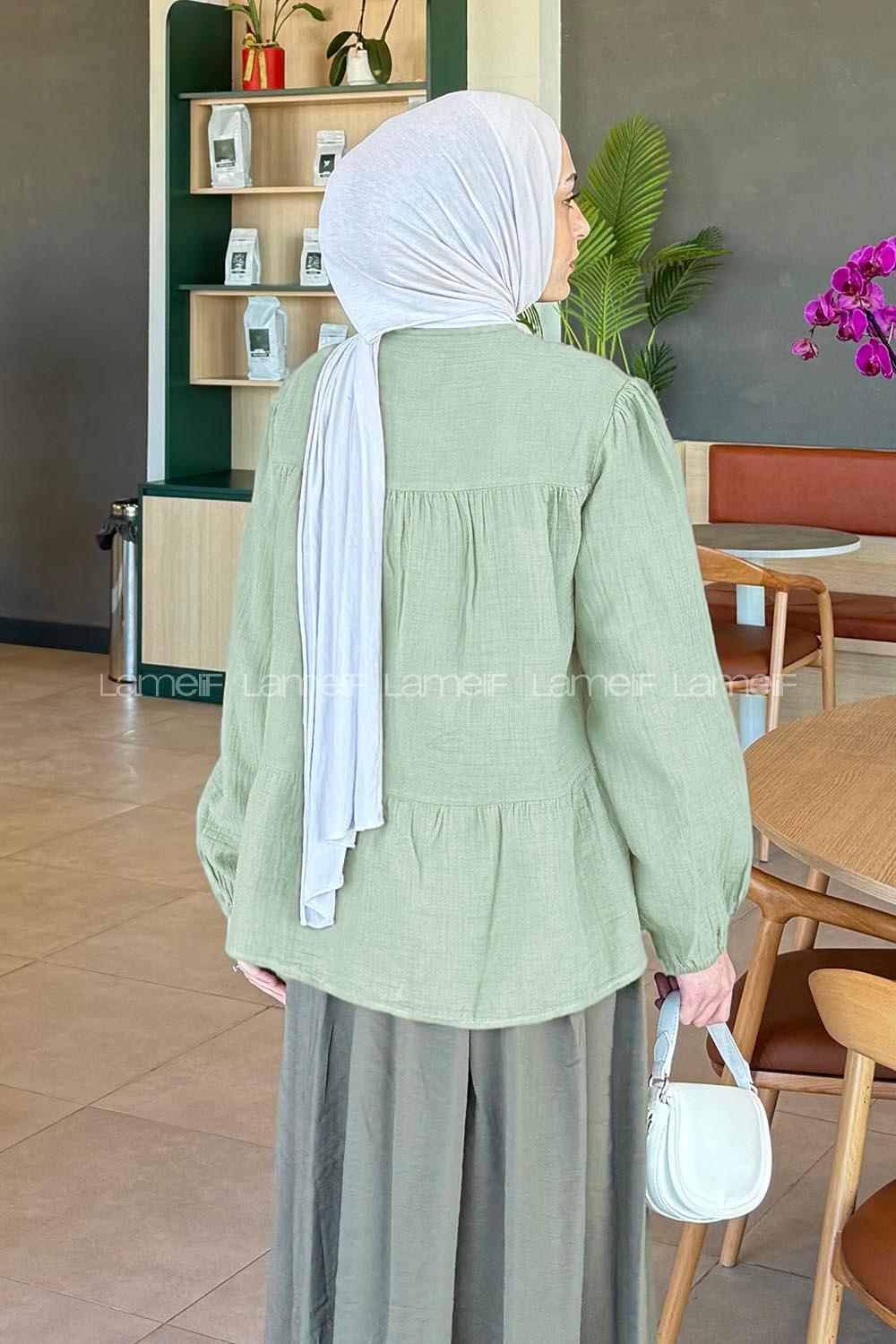 Lamelif V Yaka Kolları Lastikli Müslin Tesettür Gömlek Çağla Yeşili