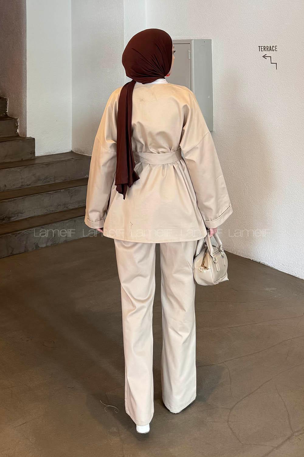 Lamelif Kuşaklı Gabardin Takım Bej