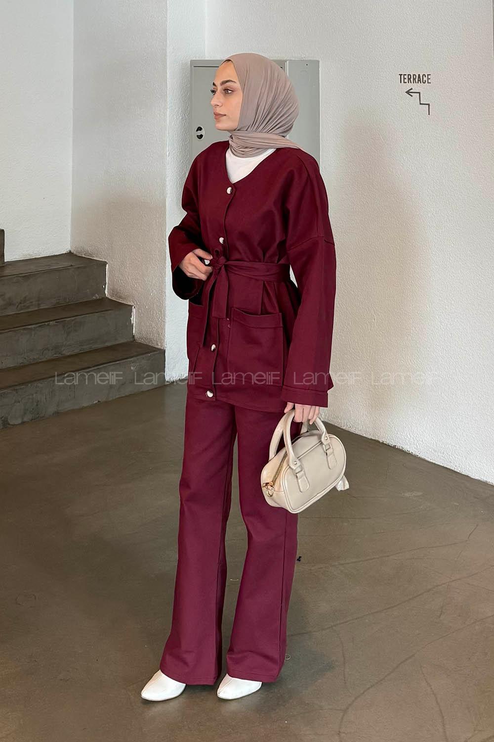 Lamelif Kuşaklı Gabardin Takım Bordo