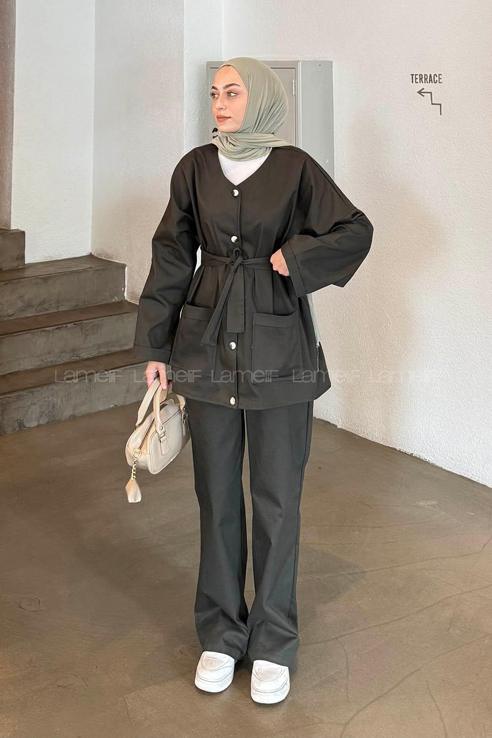 Lamelif Kuşaklı Gabardin Takım Haki