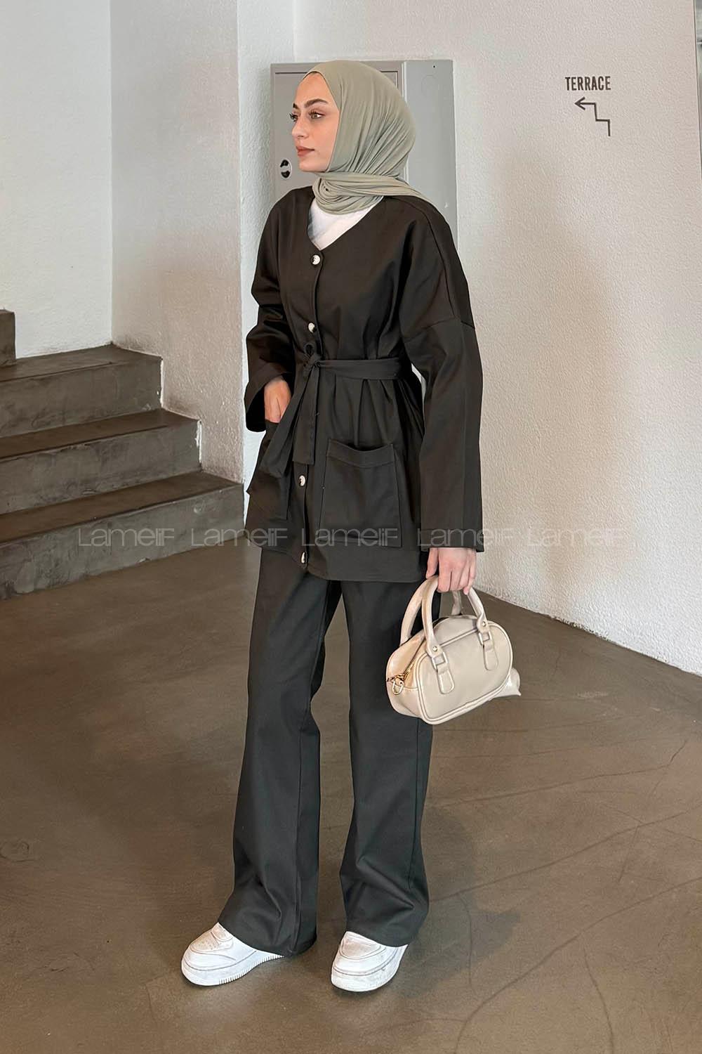 Lamelif Kuşaklı Gabardin Takım Haki