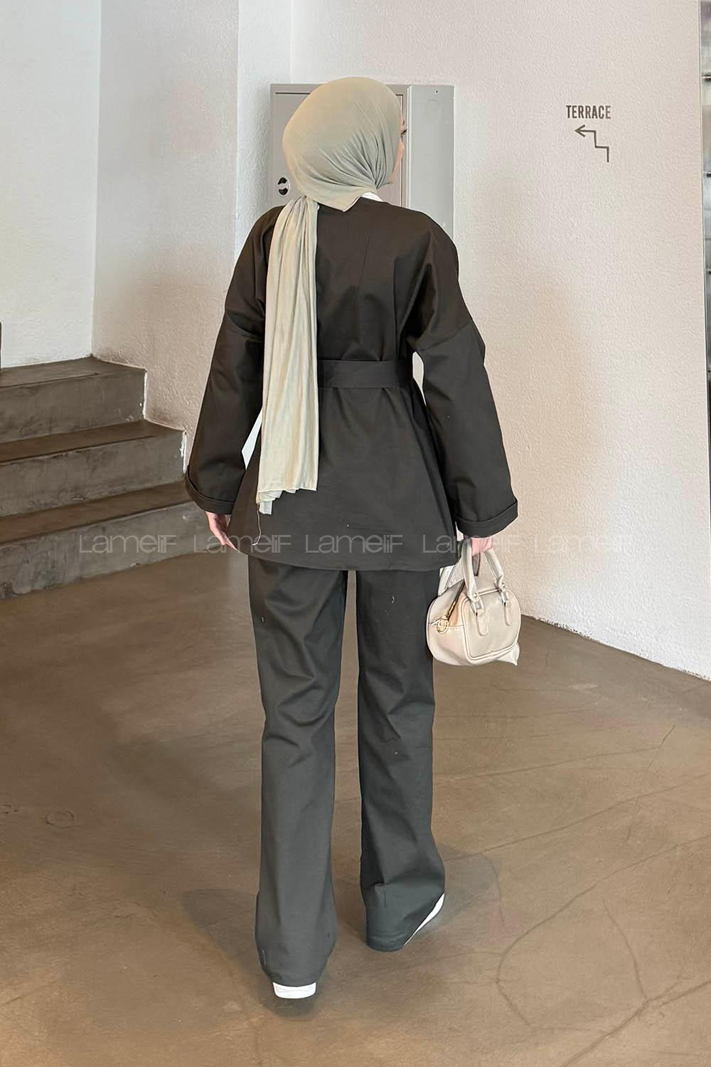 Lamelif Kuşaklı Gabardin Takım Haki