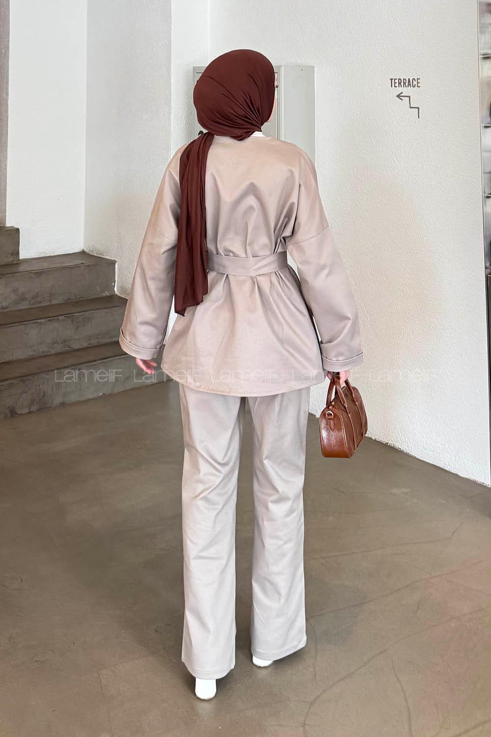 Lamelif Kuşaklı Gabardin Takım Taş Rengi