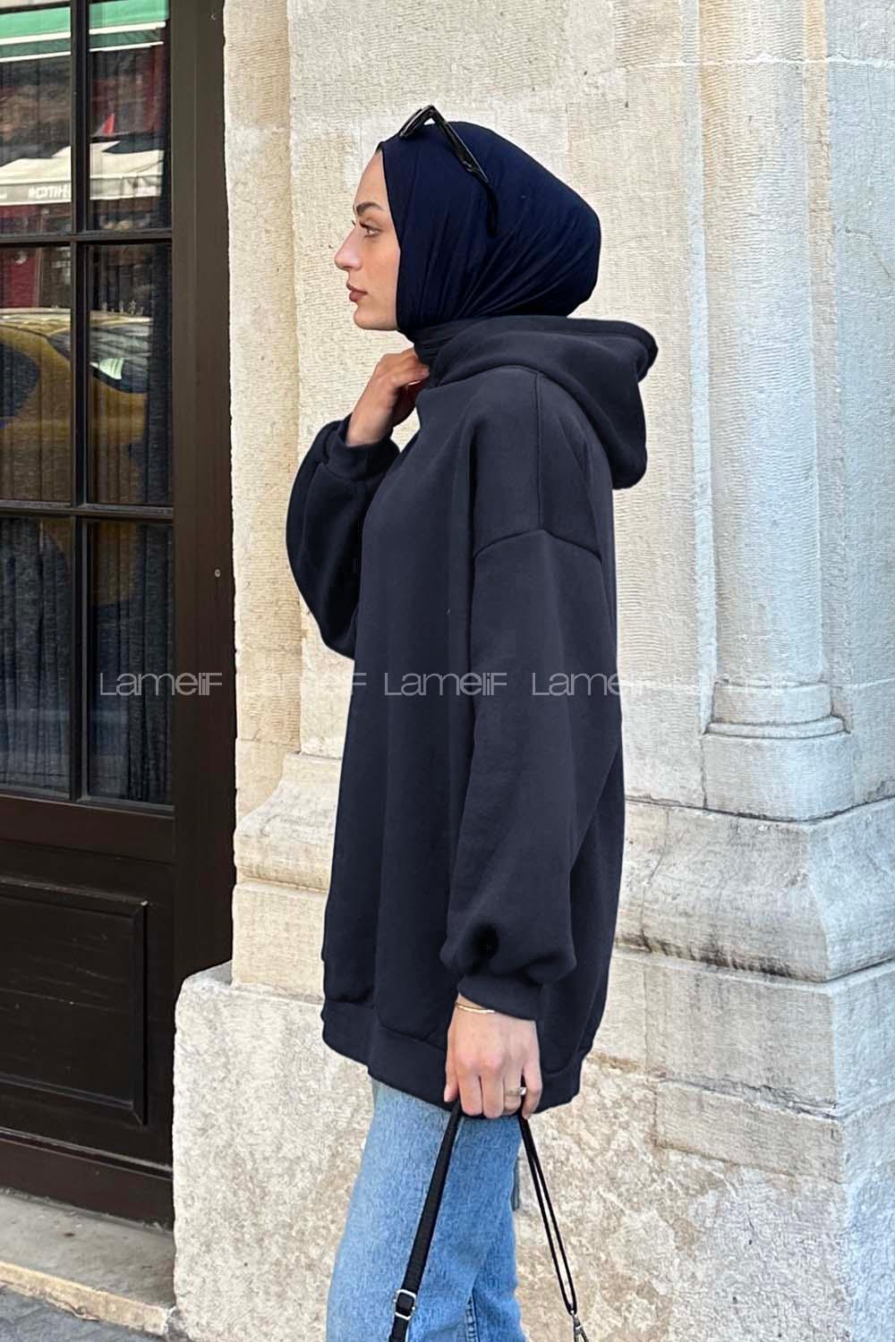 Lamelif Kapüşonlu Salaş Sweatshirt Koyu Lacivert