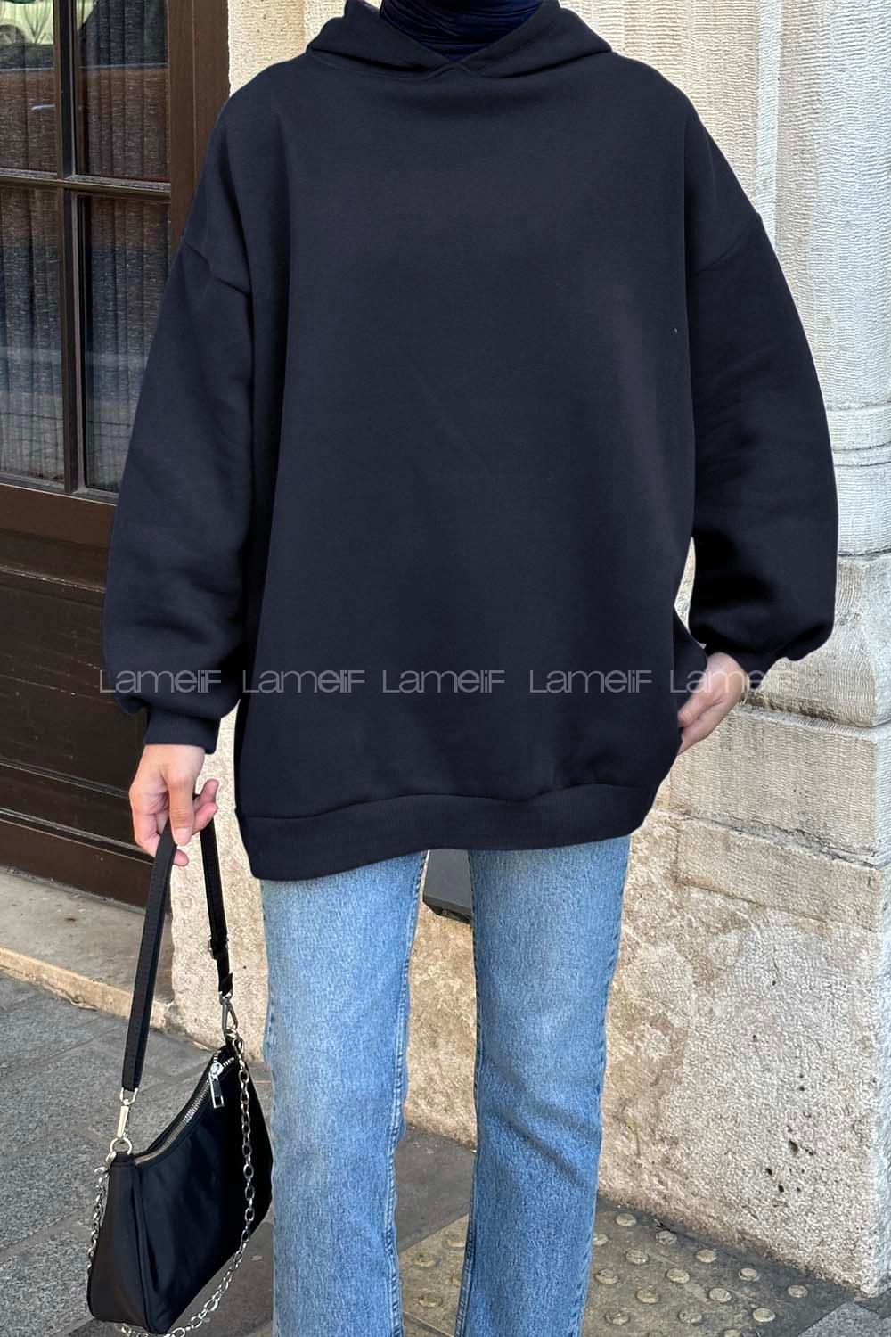 Lamelif Kapüşonlu Salaş Sweatshirt Koyu Lacivert