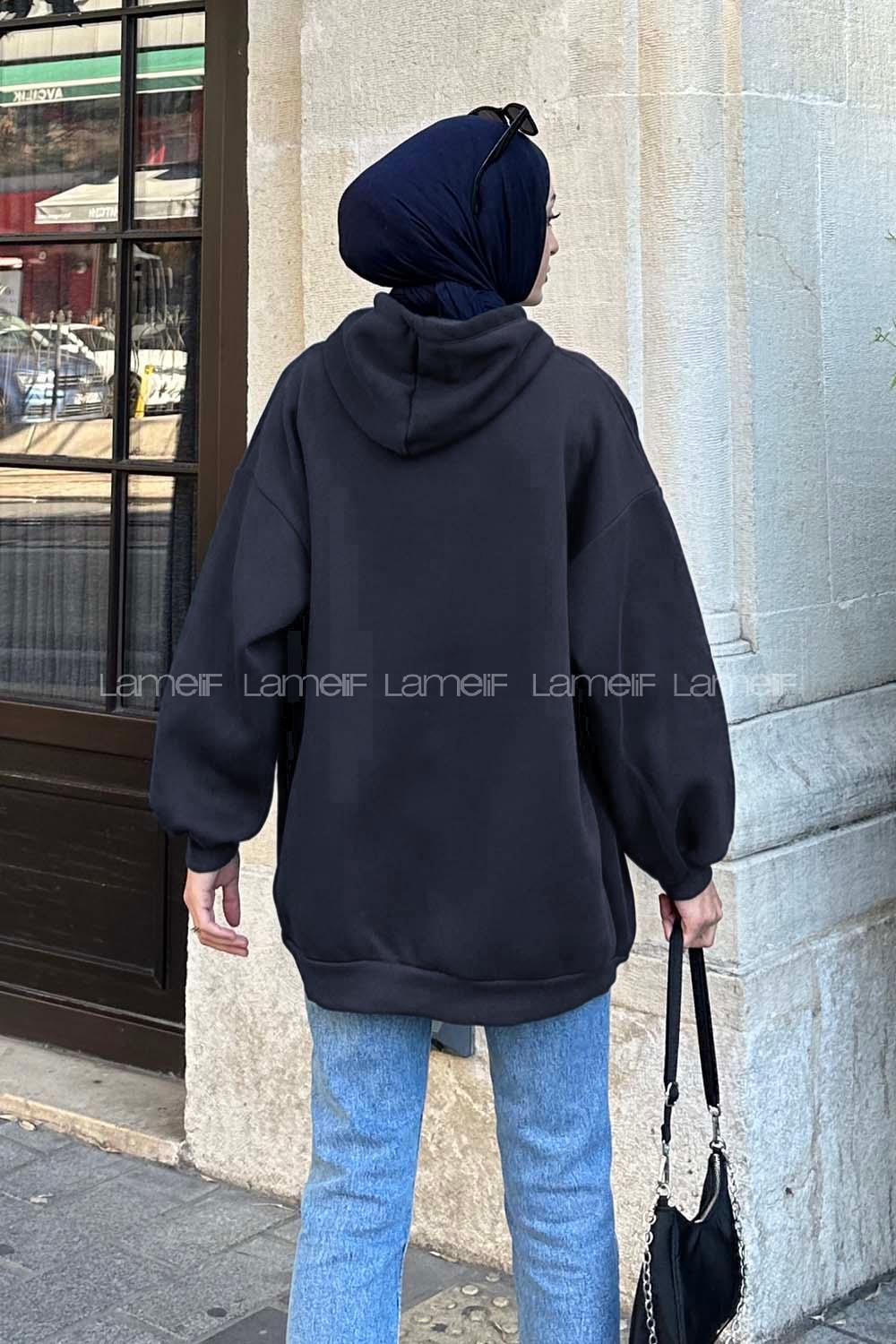 Lamelif Kapüşonlu Salaş Sweatshirt Koyu Lacivert